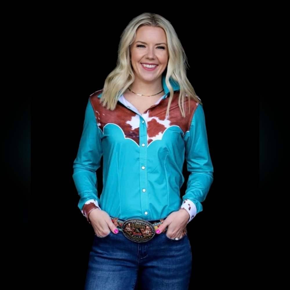 RANCH DRESS'N Fallon Taylor "Cowhide & Teal" Performance Rodeo Cowgirl shirt 3XL